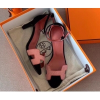 Classic Practical Hermes Heel 6cm Premiere Sandals Leather H701015 Pink/Black 2019