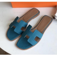 Good Looking Hermes Oran Flat Slipper Sandals in Togo Leather H701030 Macaron Blue