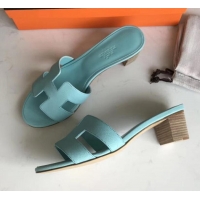 Hot Style Hermes Heel 5cm Oasis Slipper Sandals in epsom Leather light blue H701051