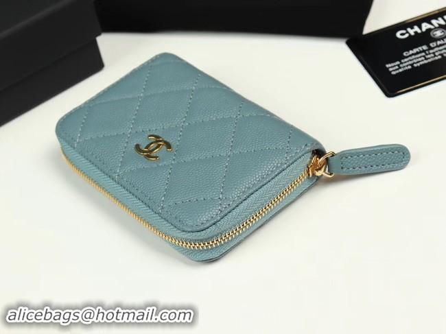 Sophisticated Chanel classic card holder Grained Calfskin & silver-Tone Metal A69271 light Blue