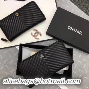 Luxury Chanel Chevron Sheepskin Leather Zippy Wallet Black A50498 Silver