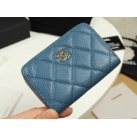 Popular Style Chanel classic card holder Grained Calfskin & Gold-Tone Metal A69271 Blue
