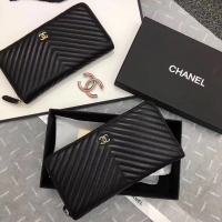 Luxury Chanel Chevron Sheepskin Leather Zippy Wallet Black A50498 Silver