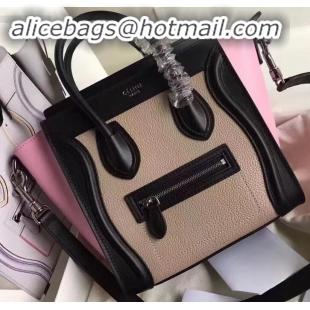 Pretty Style Celine Nano Luggage Bag in Original Black/Drummed Beige/Pink with Removable Shoulder Strap C090906