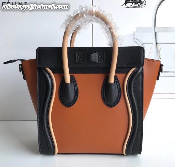 Perfect Celine Nano Luggage Bag in Original Smooth Calfskin Black/Caramel/Apricot with Removable Shoulder Strap C090906