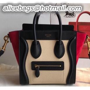 Discount Celine Nano Luggage Bag in Original Black/Drummed Beige/Suede Red with Removable Shoulder Strap C090906