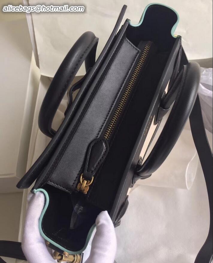 Good Quality Celine Nano Luggage Bag Black/Drummed White/Crinkled Light Green in Original with Removable Shoulder Strap 