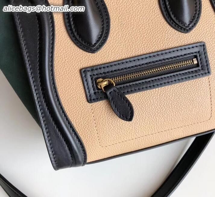Top Design Celine Nano Luggage Bag in Original Black/Drummed Beige/Suede Dark Green with Removable Shoulder Strap C09090