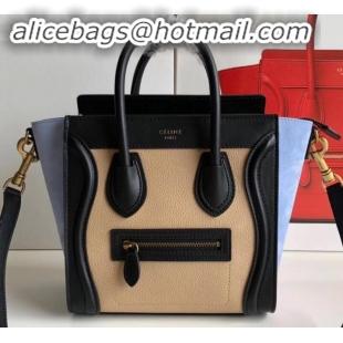 Charming Celine Nano Luggage Bag in Original Black/Drummed Beige/Suede Sky Blue with Removable Shoulder Strap C090906