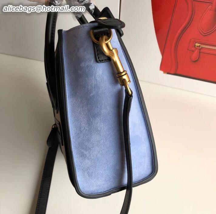 Charming Celine Nano Luggage Bag in Original Black/Drummed Beige/Suede Sky Blue with Removable Shoulder Strap C090906
