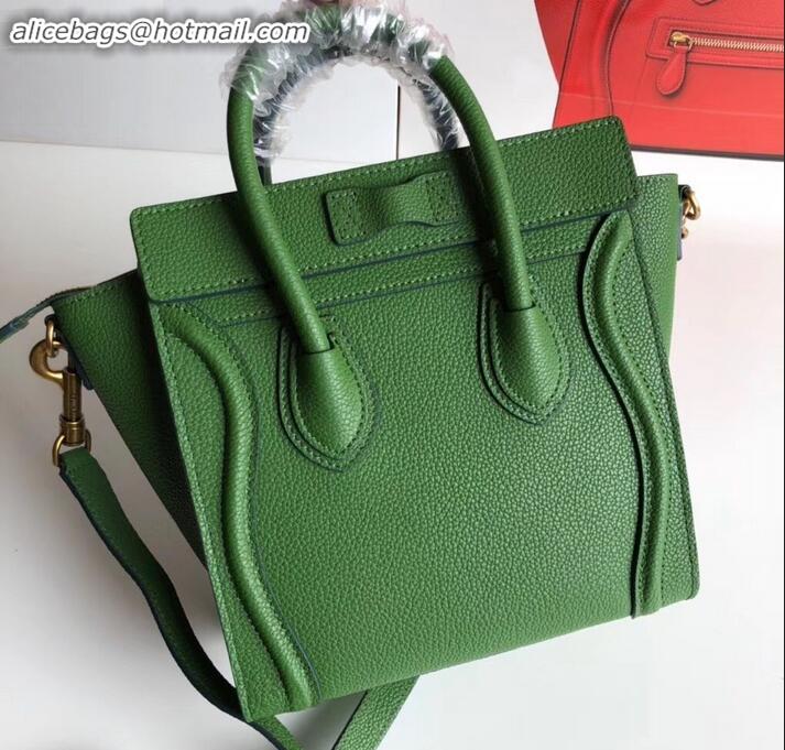 Duplicate Celine Nano Luggage Bag in Original Drummed Calfskin Green with Removable Shoulder Strap C090906