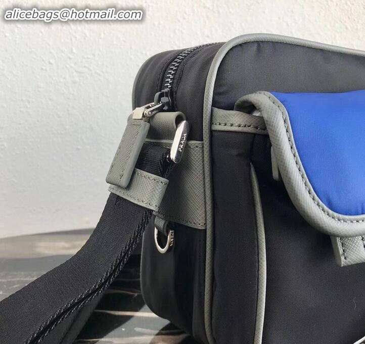 Charming Prada Nylon and Saffiano Leather Shoulder Bag 2VH074 Blue/Black 2019