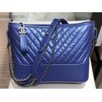 Custom Chanel Glittered Aged Calfskin Gabrielle Medium Hobo Bag A93824 Chevron Blue 2019 