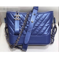 Duplicate Chanel Glittered Aged Calfskin Gabrielle Small Hobo Bag A91810 Chevron Blue 2019