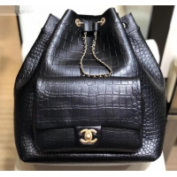 Top Grade Chanel Crocodile Embossed Calfskin Large Backpack Bag AS0800 Black 2019
