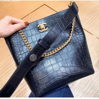 Charming Chanel Crocodile Embossed Calfskin Button Up Hobo Bag AS0668 Black 2019