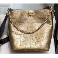 Purchase Chanel Crocodile Embossed Calfskin Button Up Hobo Bag AS0668 Metallic Gold 2019
