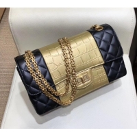 Grade Quality Chanel Reissue 2.55 Lambskin and Crocodile Embossed Calfskin 225 Flap Bag A37586 Black/Gold/Black 2019