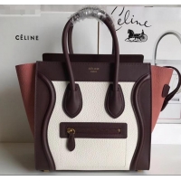 Classic Celine Mini Luggage Bag in Original Leather Burgundy/Drummed White/Crinkled Brick Red C090902