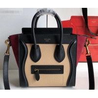 Stylish Celine Nano Luggage Bag in Original Black/Drummed Beige/Suede Dark Red with Removable Shoulder Strap C090906