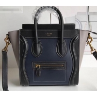 Low Cost Celine Nano Luggage Bag in Original Smooth Calfskin Black/Navy Blue/Pale Gray with Removable Shoulder Strap C09