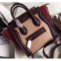 Luxury Celine Nano Luggage Bag in Original Smooth Calfskin Burgundy/Beige/Suede Red with Removable Shoulder Strap C09090