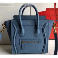 Luxury Discount Celine Nano Luggage Bag in Original Drummed Calfskin Denim Blue with Removable Shoulder Strap C090906