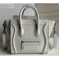 Top Design Celine Nano Luggage Bag in Original Drummed Calfskin White with Removable Shoulder Strap C090906