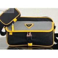 Best Grade Prada Nylon and Saffiano Leather Shoulder Bag 2VH074 Gray/Yellow/Black 2019