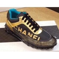 Good Quality Chanel Logo Metallic Lambskin and Fabric Sneakers G34086 Gold/Black/Bronze 2019