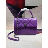 Classic Chanel CC original lambskin top handle flap bag A92236 purple&silver-Tone Metal