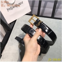 Discount Saint Laurent Width 3cm Monogramme Belt With Square Buckle Crocodile Embossed Leather Y8106 Glossy Black/Gold