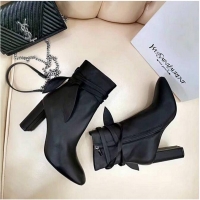 Discount Saint Laurent Heel 9.5cm Leather Ankle Boots Black with Bow Knot YSL8968