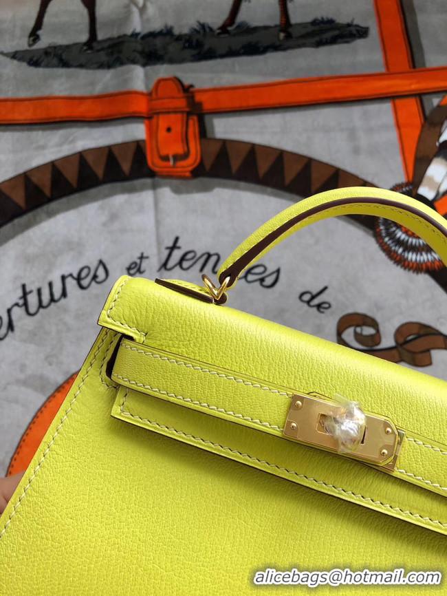 Unique Discount Hermes original mini Kelly chevre mysore K19CM yellow&Gold Metal