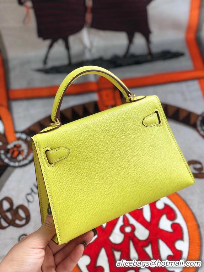 Unique Discount Hermes original mini Kelly chevre mysore K19CM yellow&Gold Metal