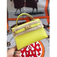 Unique Discount Hermes original mini Kelly chevre mysore K19CM yellow&Gold Metal