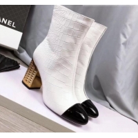 Famous Brand Chanel Stone-Embossed Calfskin Metal Heel Short Boots G34917 White 2019 