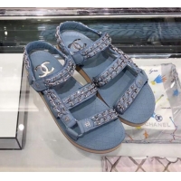 Luxury Discount Chanel Chain Leather Strap Flat Sandals G3445 Blue 2020