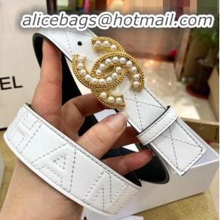 Inexpensive Chanel Quilted Chanel Logo Lambskin Belt 30mm with Pearl CC Buckle 71148 White