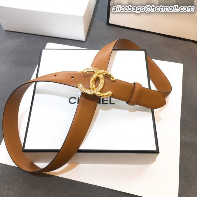 Inexpensive Chanel Smooth Calfskin Belt Width 25mm with Crystal Metal CC Buckle 22404 Brown
