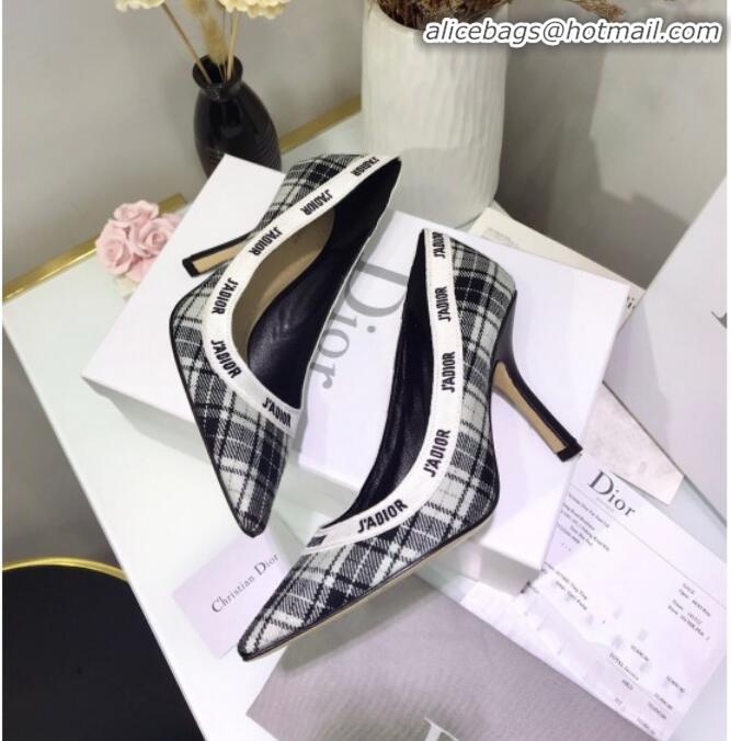 Shop Duplicate Dior J'Adior High-Heel Pump in Grey Tartan Fabric and Embroidered Ribbon G12726 2020