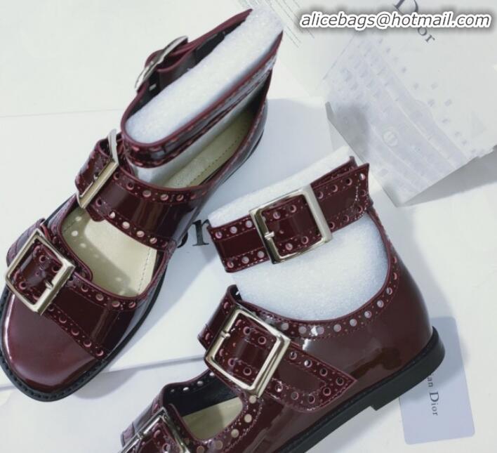 Best Price Dior Perforated Leather Buckle Strap Flat Sandals G22343 Burgundy