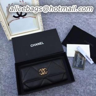 New Release Creation Chanel sheepskin & Gold-Tone Metal Wallet AP0955 black