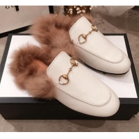 Low Cost Gucci Princetown Horsebit Leather Fur Slippers G12022 White