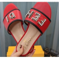 Good Looking Fendi Calfskin Crystal Fendi Logo Flat Slide Sandals G70366 Red