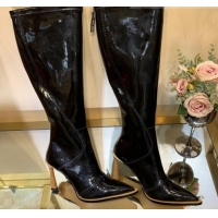 Good Looking Fendi FFrame Stitching Patent Leather High Heel Knee Boots G82804 Black