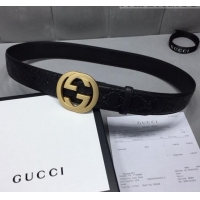 Grade Gucci GG Signature Leather Belt Width 40mm with Gold Interlocking G Buckle 11339 Black