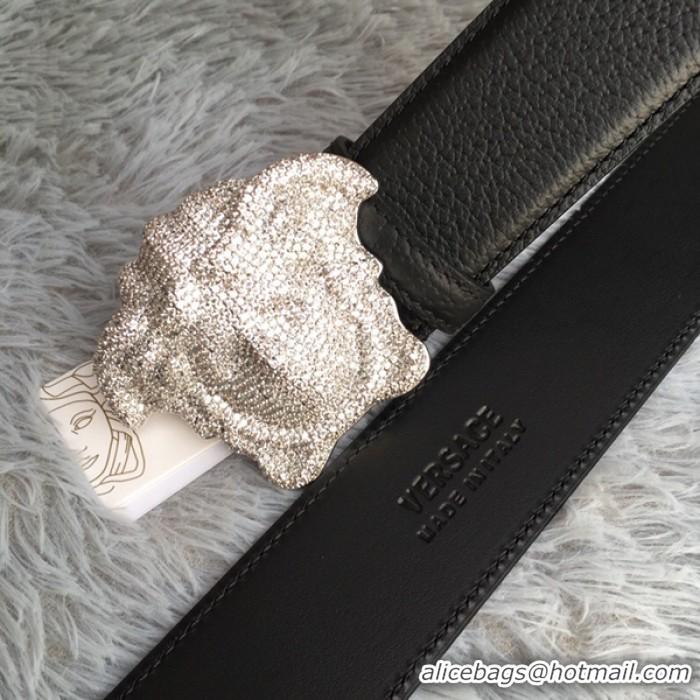 Traditional Discount Versace 3D Medusa Diamond Togo Leather belt V1210 Black/Silver