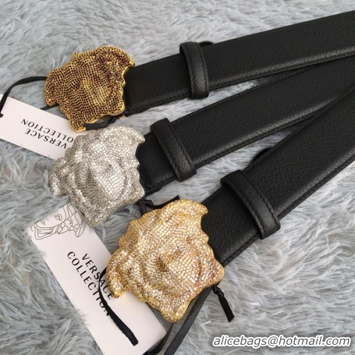 Traditional Discount Versace 3D Medusa Diamond Togo Leather belt V1210 Black/Silver