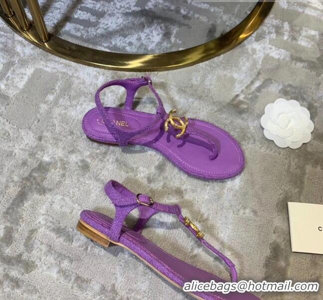 Low Cost Chanel Tweed & Lambskin Thong Sandals With CC Logo G52121 Purple 2020